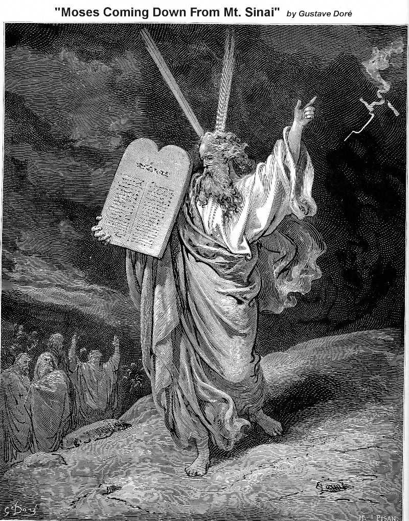 Moses carrying the 10 Commandments down from Mount Sainai as imagined by Gustave Doré. Exodus 32:15