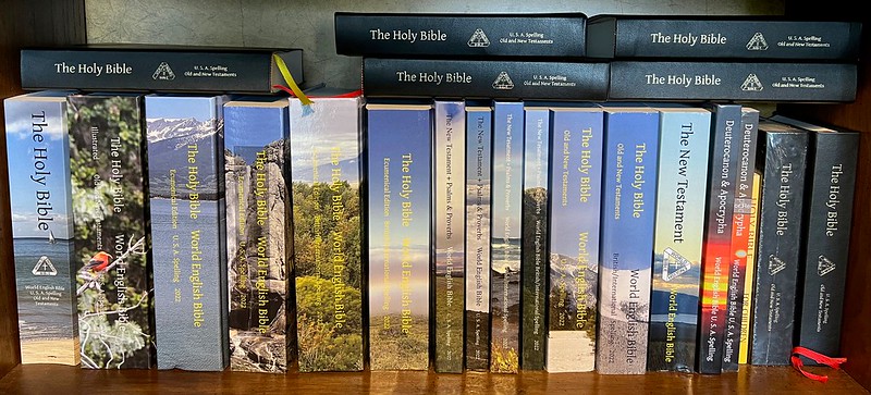 Shelf full of World English Bible printed editions