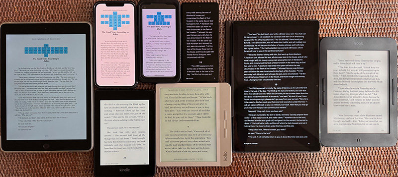 A variety of devices displaying Bibles rendered from epub files