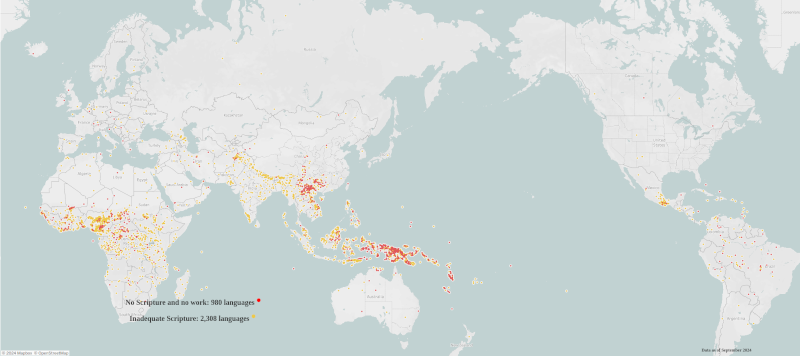 Map of locations of Bible translation needs