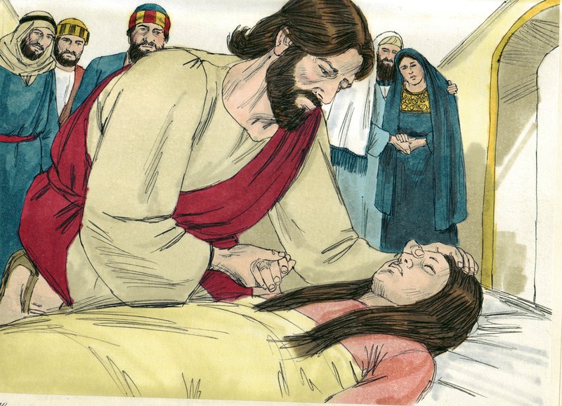 Jesus raising up Jairus' daughter.