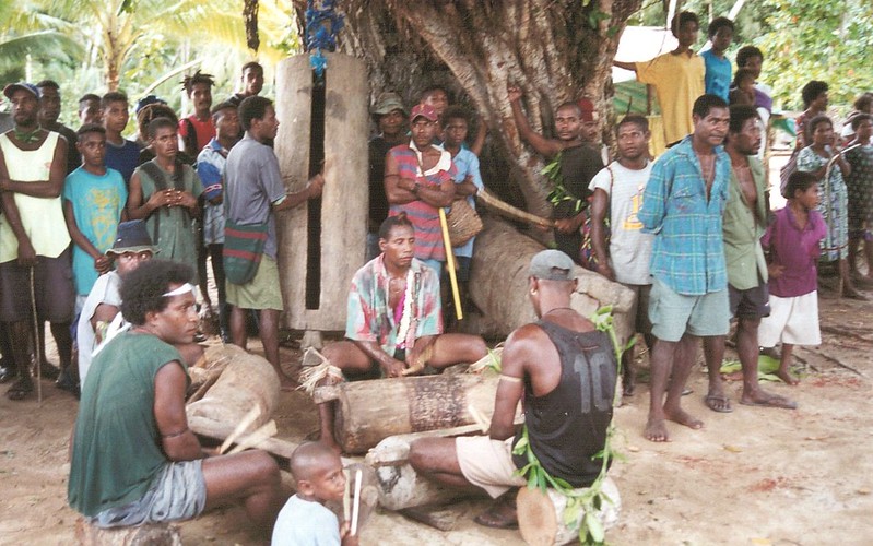 Garamut (slotted wood drum) players on Manus Island