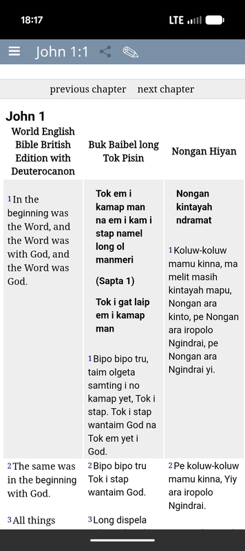 Bishop Bible study app showing 3 Bible translations