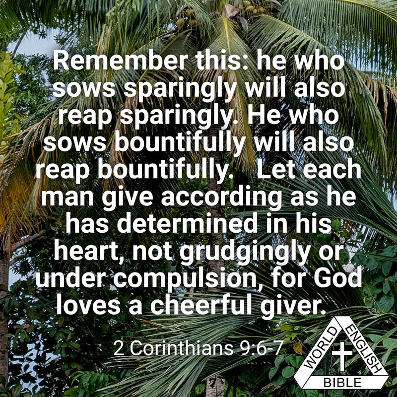Remember this: he who sows sparingly will also reap sparingly. He who sows bountifully will also reap bountifully. 7 Let each man give according as he has determined in his heart, not grudgingly or under compulsion, for God loves a cheerful giver.—2 Corinthians 9:6-7 WEB