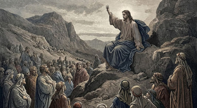 Jesus preaching on a mountain side