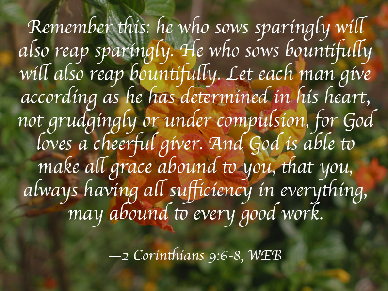 Remember this: he who sows sparingly will also reap sparingly. He who sows bountifully will also reap bountifully. Let each man give according as he has determined in his heart, not grudgingly or under compulsion, for God loves a cheerful giver. And God is able to make all grace abound to you, that you, always having all sufficiency in everything, may abound to every good work.
—2 Corinthians 9:6-8, WEB