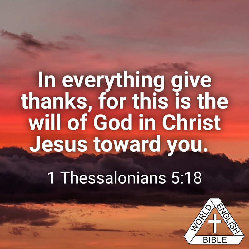 In everything give thanks, for this is the will of God in Christ Jesus toward you. - 1 Thessalonians 5:18, WEB
