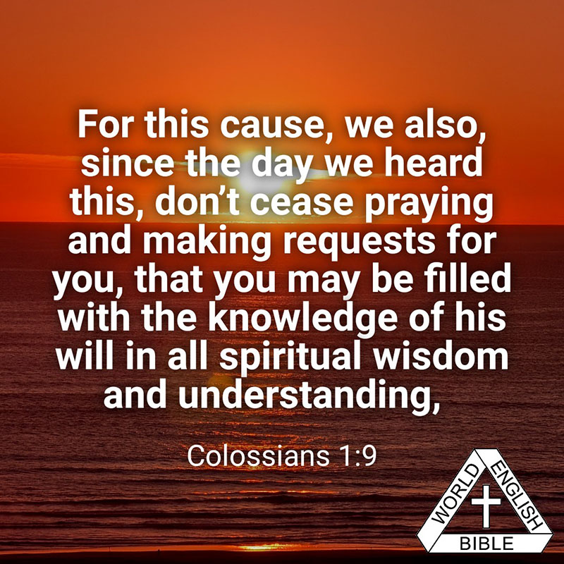 For this cause, we also, since the day we heard this, don’t cease praying and making requests for you, that you may be filled with the knowledge of his will in all spiritual wisdom and understanding, —Colossians 1:9 WEB