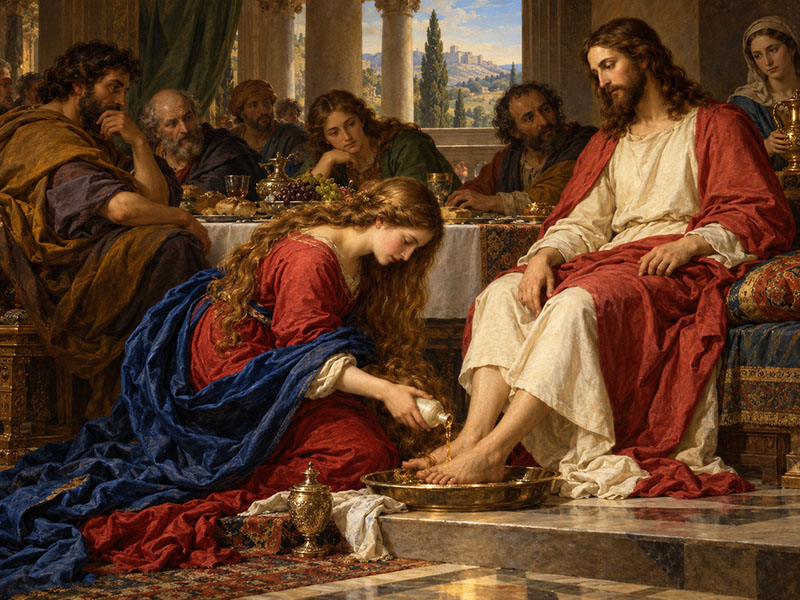 Mary anointing Jesus' feet with expensive perfumed oil. See John 12:1-8.